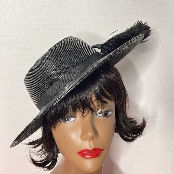 Vintage 60s Black Straw Hat with Feather Plume main image 4